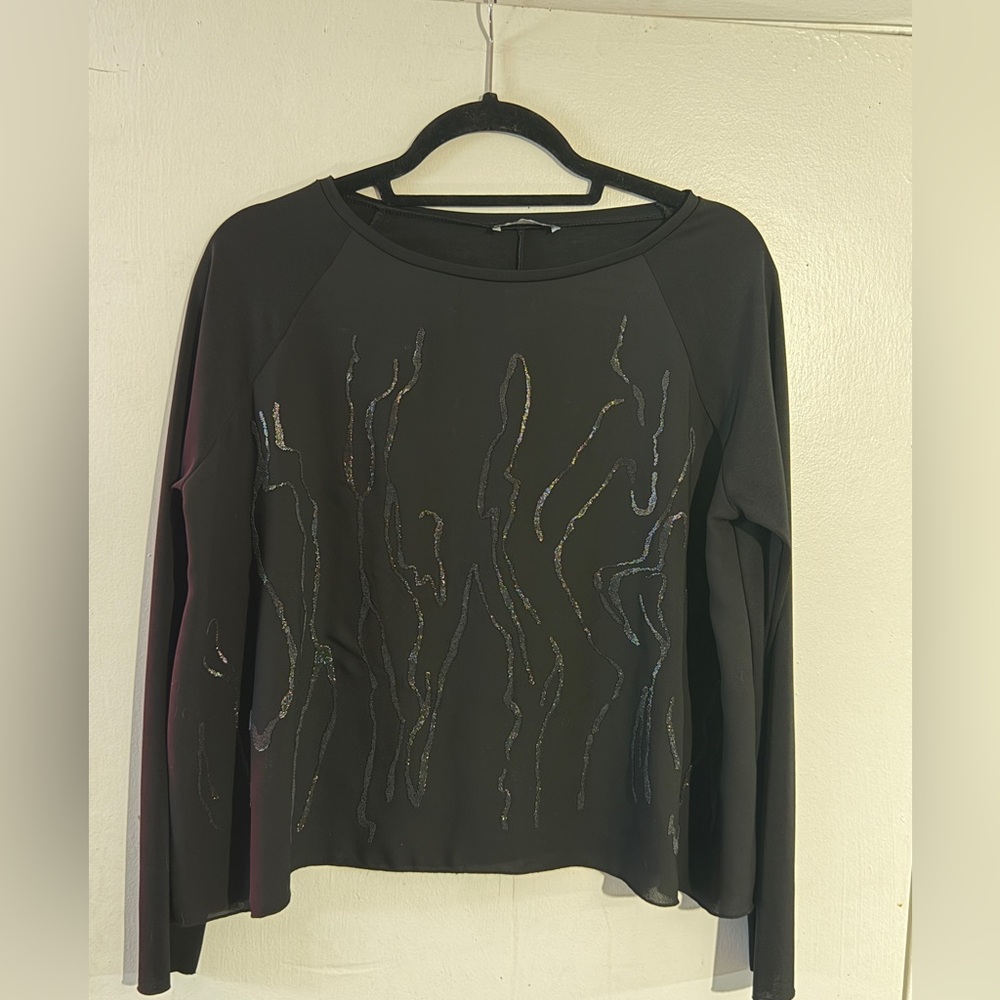 Zara Black Long Sleeve Top with Iridescent Wave Accents. Size s.